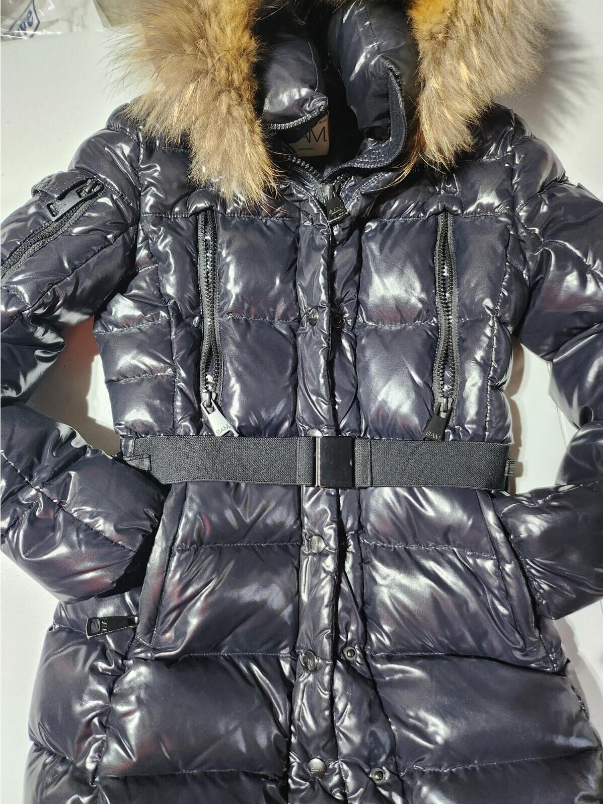 Sam. Coat Girls Black Long Hooded Fur Trim Belted Quilted Puffer Size 12